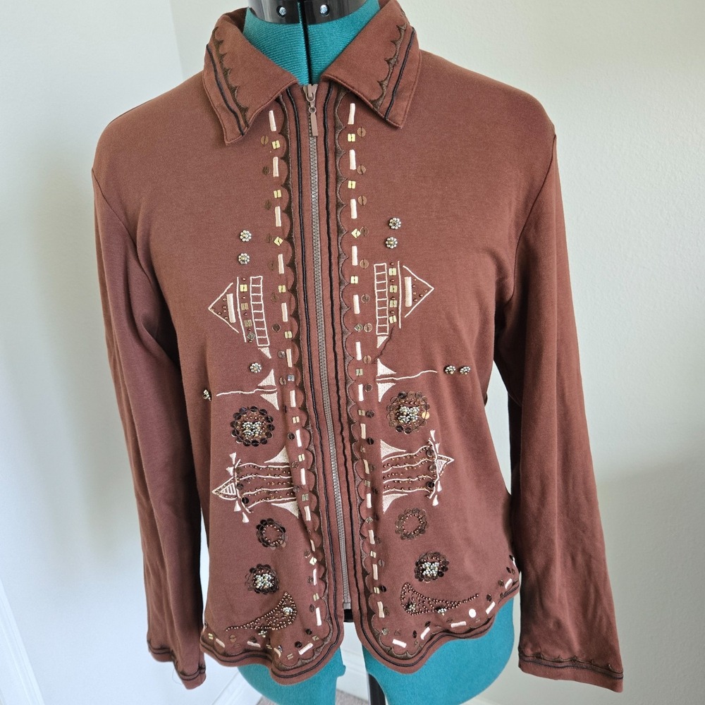 Ann Trinity Womens Brown Zip Jacket Embroidery & Sequin Embellishments Sz Medium